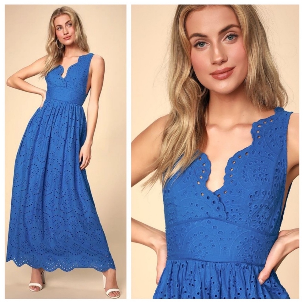 Lulus Splendid Cobalt Blue Eyelet Lace Maxi Dress Size Small